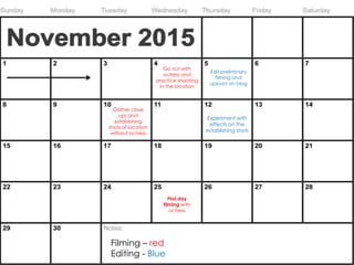 Go out with
actress and
practice shooting
in the location
Edit preliminary
filming and
upload on blog
Gather close
ups and...