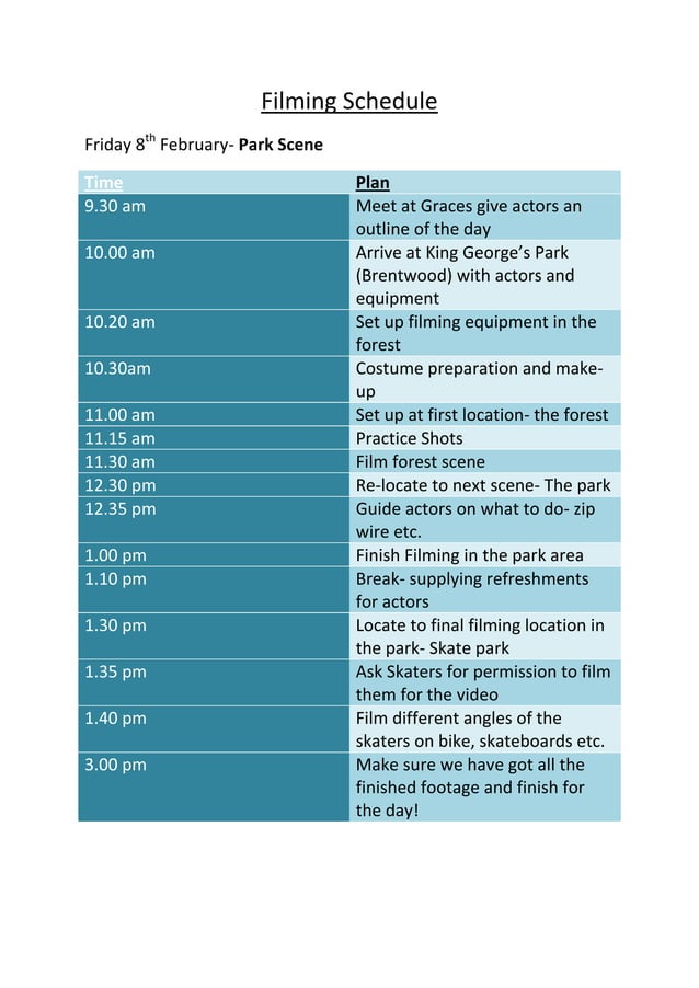 Filming schedule | PDF
