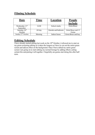 Filming Schedule
Date

Time

Location

People
include

Wednesday 11th
September
Saturday 26th
October

16:00

School studio

Greta Bruce

All day

Outside and bedroom

Morning

Indoor house

Greta Bruce and 15
Extras
Greta Bruce and boy

Sunday 27th October

Editing Schedule
I have already started editing last week on the 10th October, it allowed me to start on
my green screening editing as it takes the longest as I have to cut out the entire green
screen and add an effect on the background. Once I have edited my entire green
screen I am going on to start editing my normal footage by adding effects cutting
certain bits and putting it all together. I hopefully am gonna start doing this after half
term.

 