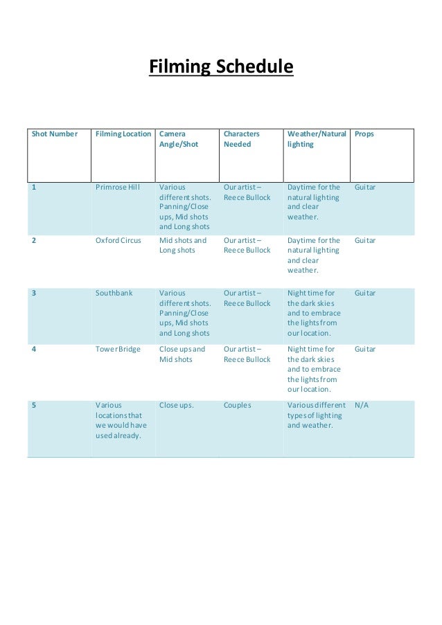 Filming schedule