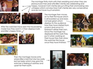 The montage firstly starts with their wedding and when they are
pronounced man and wife Ellie’s family are celebrating and
happy, however Carl’s family are just sitting their and looking very
unhappy which conveys how Carl’s family are very conservative
and do not have much emotion.
The montage then moves
on to their first house which
is all boarded up and does
not look great which
displays to the audience
how they have started from
scratch and once it is
finished it will be their own.
Once the montage has
displayed all the work they
put in when working on
their house they then show
the watcher the house
once they have finished.
After the watchers have seen the house being
made how they want it, it then displays Carls
and Ellie’s happy times.
Then the montage moves onto
where Ellie is told that she has sadly
lost her baby which may give the
watcher a feeling of sadness and
upset for them both.
 