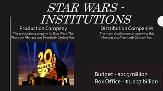 STAR WARS -
INSTITUTIONS
Budget - $115 million
Box Office - $1.027 billion
Production Company
The production company for StarWars:The
Phantom Menace wasTwentieth Century Fox.
Distribution Companies
The main distribution company for this
film was alsoTwentieth Century Fox.
 