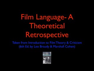 Film Language- A
         Theoretical
        Retrospective
Taken from Introduction to Film Theory & Criticism
    (6th Ed. by Leo Braudy & Marshall Cohen)
 