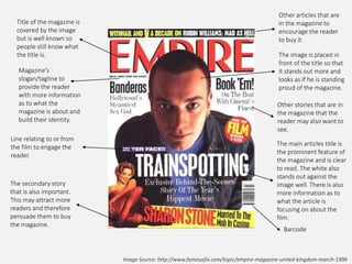 Image Source: http://www.famousfix.com/topic/empire-magazine-united-kingdom-march-1996
Other articles that are
in the magazine to
encourage the reader
to buy it.
The image is placed in
front of the title so that
it stands out more and
looks as if he is standing
proud of the magazine.
Title of the magazine is
covered by the image
but is well known so
people still know what
the title is.
Other stories that are in
the magazine that the
reader may also want to
see.
Magazine’s
slogan/tagline to
provide the reader
with more information
as to what the
magazine is about and
build their identity.
Line relating to or from
the film to engage the
reader.
The secondary story
that is also important.
This may attract more
readers and therefore
persuade them to buy
the magazine.
Barcode
The main articles title is
the prominent feature of
the magazine and is clear
to read. The white also
stands out against the
image well. There is also
more information as to
what the article is
focusing on about the
film.
 