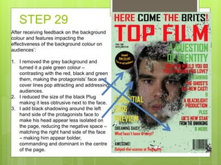STEP 29
After receiving feedback on the background
colour and features impacting the
effectiveness of the background colour on
audiences’:
1. I removed the grey background and
turned it a pale green colour –
contrasting with the red, black and green
them, making the protagonists’ face and
cover lines pop attracting and addressing
audiences.
2. I reduced the size of the black Plug
making it less obtrusive next to the face.
3. I add black shadowing around the left
hand side of the protagonists face to
make his head appear less isolated on
the page, reducing the negative space –
matching the right hand side of the face
– making him appear bolder,
commanding and dominant in the centre
of the page.
 