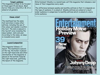 Target audience
This magazine is likely to be focused
at those aged 15 and above. Most
horror films are rated 15 or 18. It is
aimed at all genders
Layout/composition
This magazine follows a ‘C’
layout. The masthead is placed
at the top, the kicker is placed
at the right hand side and other
information of the magazine is
placed at the bottom towards
the right hand side, justifying
the layout of the magazine.
House style?
The masthead has the same
font and style in many other
editions, including the use of
this colour and ‘weekly’ is within
the text. The date is placed in
the top left area revealing the
issue number, date and year.
According to the name, an issue
is revealed every week
Entertainment Weekly is a mainstream cult film magazine that releases a ned
issue of their magazines every week.
The difference between weekly and monthly editions is that it is depends on
the type of audience it is aimed at. Weekly editions are aimed at a much
wider audience in comparison to monthly editions which is aimed at a more
niche audience.
 