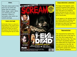 Colour
The main colours used in this
print are red, white and
yellow. Red can connote
blood, danger, death. White
can connote purity and
innocence. Yellow is a
noticeable colour which can
connote warnings.
Representation
The representation behind this
film and the actor in this shot is
that this film is some kind of
zombie-like horror film. The title
‘Evil Dead’ can possibly denote
the undead who are trying to kill
the characters in the film. An
example can include zombies or
psychopathic people who could be
under demonic possession.
Camera shot/angle
In this shot, there is a close of a
being looking at the camera with a
frightening look. With the facial
features this show can show to
the audience that this character
is an evil being who may be a killer
Image denotation/ connotation
The image on the magazine, could
possibly be someone under demonic
possession. This can be evident with
their eyes which is an unnatural
colour and blood all over their face
denoting that it is likely to be some
sort of serial killer.
It also appears in the darkness which
can connote isolation, blindness and
also vulnerability as being in the
darkness can reduce your awareness
of what’s coming towards you.
 