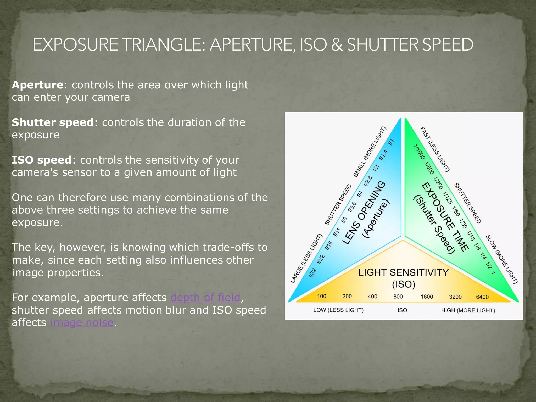 Aperture: controls the area over which light
can enter your camera
Shutter speed: controls the duration of the
exposure
ISO speed: controls the sensitivity of your
camera's sensor to a given amount of light
One can therefore use many combinations of the
above three settings to achieve the same
exposure.
The key, however, is knowing which trade-offs to
make, since each setting also influences other
image properties.
For example, aperture affects depth of field,
shutter speed affects motion blur and ISO speed
affects image noise.
 