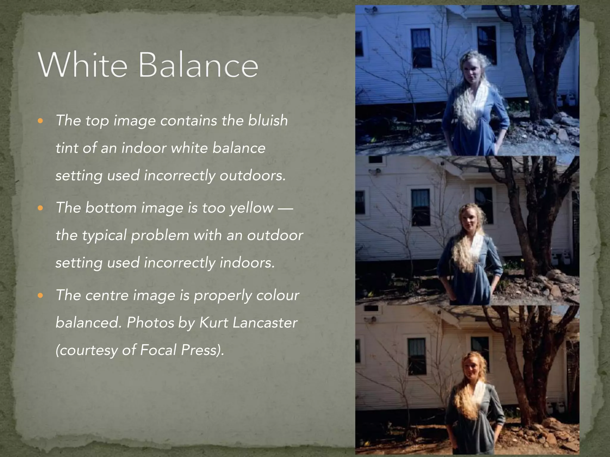  The top image contains the bluish
tint of an indoor white balance
setting used incorrectly outdoors.
 The bottom image is too yellow —
the typical problem with an outdoor
setting used incorrectly indoors.
 The centre image is properly colour
balanced. Photos by Kurt Lancaster
(courtesy of Focal Press).
 