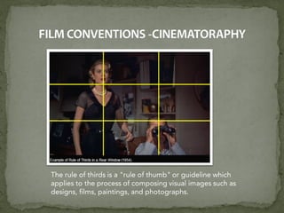 The rule of thirds is a "rule of thumb" or guideline which
applies to the process of composing visual images such as
designs, films, paintings, and photographs.
 