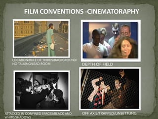 LOCATION/RULE OF THIRDS/BACKGROUND/
NO TALKING/LEAD ROOM
ATTACKED IN CONFINED SPACES/BLACK AND
WHITE/SHADOWS
DEPTH OF FIELD
OFF AXIS/TRAPPED/UNSETTLING
 