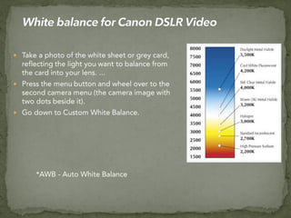 Take a photo of the white sheet or grey card,
reflecting the light you want to balance from
the card into your lens. ...
 Press the menu button and wheel over to the
second camera menu (the camera image with
two dots beside it).
 Go down to Custom White Balance.
*AWB - Auto White Balance
 