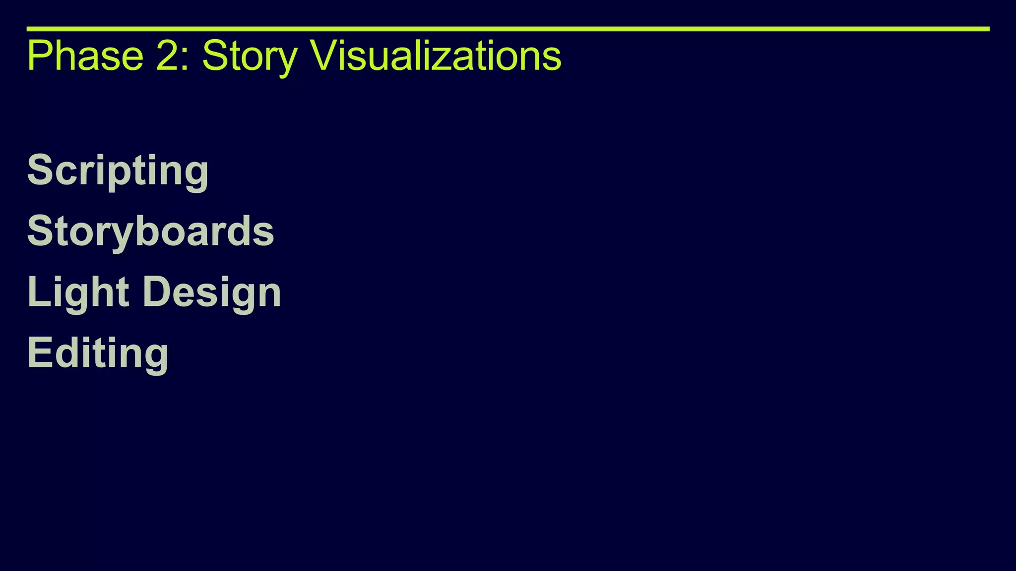 Phase 2: Story Visualizations
Scripting
Storyboards
Light Design
Editing
 