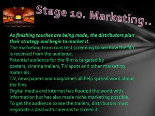 As finishing touches are being made, the distributors plan
their strategy and begin to market It.
The marketing team runs test screening to see how the film
is received from the audience.
Potential audience for the film is targeted by
posters, cinema trailers, T.V spots and other marketing
materials.
T.V, newspapers and magazines all help spread word about
the film.
Digital media and internet has flooded the world with
information but has also made niche marketing possible.
To get the audience to see the trailers, distributors must
negotiate a deal with cinemas to screen it.
 