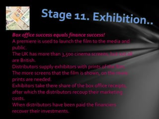 Box office success equals finance success!
A premiere is used to launch the film to the media and
public.
The UK has more than 3,500 cinema screens, but not all
are British.
Distributors supply exhibitors with prints of the film.
The more screens that the film is shown, on the more
prints are needed.
Exhibitors take there share of the box office receipts,
after which the distributors recoup their marketing
costs.
When distributors have been paid the financiers
recover their investments.
 