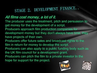 All films cost money, a lot of it.
The producer uses the treatment, pitch and persuasion to
get money for the development of a script.
Producers approach film production companies for
development money but they don't always have time, they
have projects of their own.
Producers offer future sales and broadcast rights to the
film in return for money to develop the script.
Producers can also apply to a public funding body such as
the UK film council for a development grant.
Producers can pitch the film to a private investor In the
hope for support for the project.
 