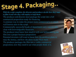 With the script complete, the director and producer decide how they want
to film it and who they will employ to help them.
The producer and director must package the script into a full              Liam Neeson
commercial proposition ready for financing.
A common way to make the project more commercial is to attach
well known stars to the script.
Commercially successful heads of department carry considerable
clout with knowledgeable financiers.
The producer must know how much it will cost before turning the
film into a proper business proposition.
Potential investors will want to know how the producer plans to
raise the money, and how she plans to pay them back.
The producer packages the film into a viable commercial
proposition, now they need to see what people think of it.
 