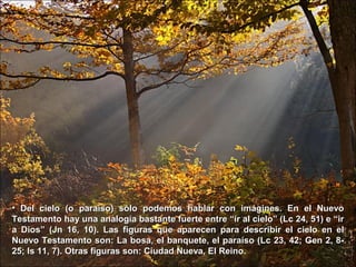 • Del cielo (o paraíso) sólo podemos hablar con imágines. En el NuevoDel cielo (o paraíso) sólo podemos hablar con imágines. En el Nuevo
Testamento hay una analogía bastante fuerte entre “ir al cielo” (Lc 24, 51) e “irTestamento hay una analogía bastante fuerte entre “ir al cielo” (Lc 24, 51) e “ir
a Dios” (Jn 16, 10). Las figuras que aparecen para describir el cielo en ela Dios” (Jn 16, 10). Las figuras que aparecen para describir el cielo en el
Nuevo Testamento son: La bosa, el banquete, el paraíso (Lc 23, 42; Gen 2, 8-Nuevo Testamento son: La bosa, el banquete, el paraíso (Lc 23, 42; Gen 2, 8-
25; Is 11, 7). Otras figuras son: Ciudad Nueva, El Reino.25; Is 11, 7). Otras figuras son: Ciudad Nueva, El Reino.
 