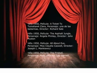 •Año 1950, Película: A Ticket To 
Tomahawk Clara, Personaje: una de las 
bailarinas, Director: Richard Sale 
•Año 1950, Película: The Asphalt Jungle, 
Personaje: Ángela Phinlay, Director: John 
Huston 
•Año 1950, Película: All About Eve, 
Personaje: Miss Claudia Caswell, Director: 
Joseph L. Mankiewicz 
•Año 1950, Película: The Fireball, 
Personaje: Polly, Director:Tay Garnett 
 