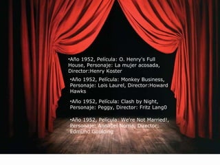 •Año 1952, Película: O. Henry's Full 
House, Personaje: La mujer acosada, 
Director:Henry Koster 
•Año 1952, Película: Monkey Business, 
Personaje: Lois Laurel, Director:Howard 
Hawks 
•Año 1952, Película: Clash by Night, 
Personaje: Peggy, Director: Fritz Lang0 
•Año 1952, Película: We're Not Married!, 
Personaje: Annabel Norris, Director: 
Edmund Goulding 
 
