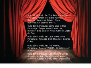 •Año 1957, Película: The Prince and the 
Showgirl, Personaje: Elsie Marina, 
Director: Laurence Olivier, Nota: 
Nominada al premio BAFTA. 
•Año 1959, Película: Some Like It Hot, 
Personaje: Sugar Kane Kowalczyk, 
Director: Billy Wilder, Nota: Ganó el Globo 
de Oro. 
•Año 1960, Película: Let's Make Love, 
Personaje: Amanda Dell, Director: George 
Cukor 
•Año 1961, Película: The Misfits, 
Personaje: Roslyn TAYLOR, Director: John 
Huston 
•Año 1962, Película: Something's Got to 
Give, Personaje: Ellen Wagstaff Arden, 
Director: George Cukor, Nota: Inconclusa. 
