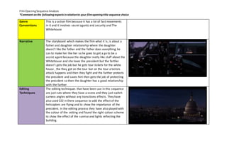 Film Opening Sequence Analysis 
*Comment on the following aspects in relation to your film opening title sequence choice 
Genre 
Conventions 
This is a action film because it has a lot of fast movements 
in it and it involves secret agents and security and The 
Whitehouse 
Narrative 
The storyboard which makes the film what it is, is about a 
father and daughter relationship where the daughter 
doesn't like the father and the father does everything he 
can to make her like her so he goes to get a go to be a 
secret agent because the daughter really like stuff about the 
Whitehouse and she loves the president but the farther 
doesn't gets the job but he gets tour tickets for the white 
house , the they got on the tour but on the tour a terrors 
attack happens and then they fight and the farther protects 
the president and saves him then gets the job of protecting 
the president so then the daughter has a good relationship 
with the farther 
Editing 
Techniques 
The editing techniques that have been use in this sequence 
are just cuts where they have a scene and they just switch 
camera angles without any transitions effects. They have 
also used CGI in there sequence to add the effect of the 
helicopters are flying and to show the importance of the 
president. In the editing process they have also played with 
the colour of the setting and found the right colour scheme 
to show the effect of the sunrise and lights reflecting the 
building. 
 