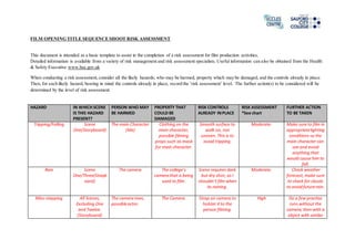 FILM OPENING TITLE SEQUENCE SHOOT RISK ASSESSMENT 
This document is intended as a basic template to assist in the completion of a risk assessment for film production activities. 
Detailed information is available from a variety of risk management and risk assessment specialists. Useful information can also be obtained from the Health 
& Safety Executive www.hse.gov.uk 
When conducting a risk assessment, consider all the likely hazards; who may be harmed, property which may be damaged, and the controls already in place. 
Then, for each likely hazard, bearing in mind the controls already in place, record the ‘risk assessment’ level. The further action(s) to be considered will be 
determined by the level of risk assessment. 
HAZARD IN WHICH SCENE 
IS THIS HAZARD 
PRESENT? 
PERSON WHO MAY 
BE HARMED 
PROPERTY THAT 
COULD BE 
DAMAGED 
RISK CONTROLS 
ALREADY IN PLACE 
RISK ASSESSMENT 
*See chart 
FURTHER ACTION 
TO BE TAKEN 
Tripping/Falling Scene 
One(Storyboard) 
The main Character 
(Me) 
Clothing on the 
main character, 
possible filming 
props such as mask 
for main character. 
Smooth surface to 
walk on, not 
uneven. This is to 
avoid tripping. 
Moderate. Make sure to film in 
appropriate lighting 
conditions so the 
main character can 
see and avoid 
anything that 
would cause him to 
fall. 
Rain Scene 
One/Three(Storyb 
oard) 
The camera The college’s 
camera that is being 
used to film. 
Scene requires dark 
but dry shot, so I 
shouldn’t film when 
its raining. 
Moderate. Check weather 
forecast, make sure 
to check for clouds 
to avoid future rain. 
Miss-stepping All Scenes, 
Excluding One 
and Twelve. 
(Storyboard) 
The camera man, 
possible actor. 
The Camera. Strap on camera to 
holster it to the 
person filming. 
High Do a few practise 
runs without the 
camera, then with a 
object with similar 
 