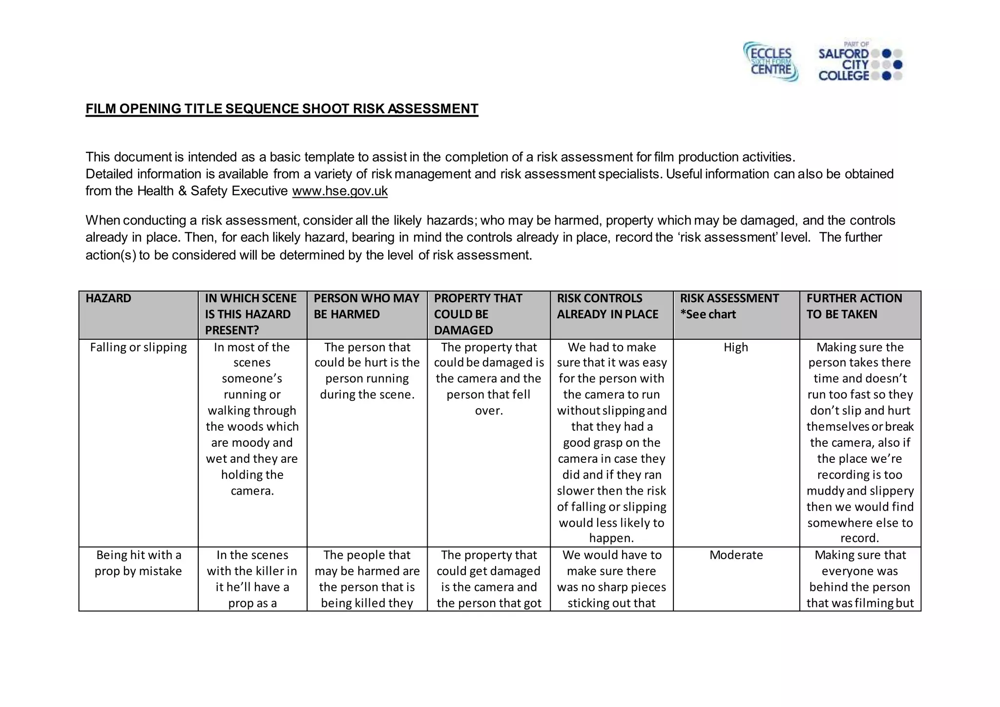 Film opening title sequence shoot risk assessment form PPT