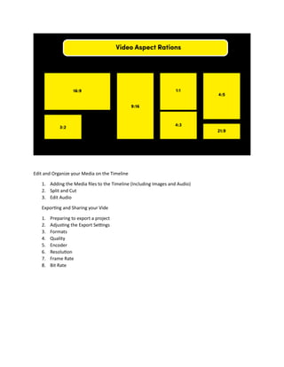 Edit and Organize your Media on the Timeline
1. Adding the Media files to the Timeline (Including Images and Audio)
2. Split and Cut
3. Edit Audio
Exporting and Sharing your Vide
1. Preparing to export a project
2. Adjusting the Export Settings
3. Formats
4. Quality
5. Encoder
6. Resolution
7. Frame Rate
8. Bit Rate