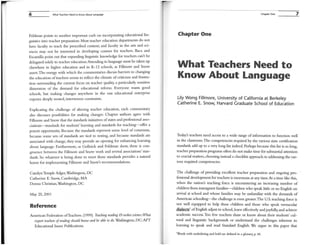 6 What Teacher.; Need to Know About language
Feldman points to another important curb on incorporating educational lin-
guistics into teacher preparation: Most teacher education departments do not
have faculty to teach the prescribed content, and faculty in the arts and sci-
ences may not be interested in developing courses for teachers. Eaca and
Escamilla point out that expanding linguistic knowledge for teachers can't be
delegated solely to teacher education:Attending to language must be taken up
elsewhere in higher education and in K-12 schools, as Fillmore and Snow
assert. The energy with which the commentaries discuss barriers to changing
the education ofteachers seems to reflect the climate of criticisln and frustra-
tion surrounding the current focus on teacher quality, a particularly sensitive
rulnension of the demand for educational reform. Everyone wants good
schools, but making changes anyw'here in the vast educational enterprise
exposes deeply rooted, interwoven constraints.
Explicating the challenge of altering teacher education, each conunentary
also discusses possibilities for making changes. Chapter authors agree with
Fillmore and Snow that the standards initiatives ofstates and professional asso-
ciations--standards for students' learning and standards for teaching-offer a
potent opportunity. Because the standards represent some level of consensus,
because some sets of standards are tied to testing, and because standards are
associated with change, they may provide an opening for enhancing learning
about language. Furthermore, as Gollnick and Feldman show, there is con-
gruence between the Fillmore and Snow work and several associations' stan-
dards. So whatever is being done to meet those standards provides a natural
hOlne for implementing Fillmore and Snow's recommendations.
Carolyn Temple Adger, Washington, DC
Catherine E. Snow, Cambridge, MA
Donna Christian,Washington, DC
May 25,2001
Reference
American Federation ofTeachers. (1999). Teaching reading IS rocket science:What
expert teachers ofreading should knolV and be able to do. Washington, DC: AFT
Educational Issues Publications.
Chapter One
Chapter One
What Teachers Need to
Know About Language
Lily Wong Fillmore, University of California at Berkeley
Catherine E, Snow, Harvard Graduate School of Education
7
Today's teachers need access to a wide range of information to function well
in the classroom.The competencies required by the various state certification
standards add up to a very long list indeed. Perhaps because this list is so long,
teacher preparation programs often do not make time for substantial attention
to crucial matters, choosing instead a checklist approach to addressing the var-
ious required competencies.
The challenge of providing excellent teacher preparation and ongoing pro-
fessional development for teachers is enormous at any time.At a time like this,
when the nation's teaching force is encountering an increasing number of
children from immigrant families--children who speak little or no English on
arrival at school and whose families may be unfamiliar with the demands of
American schooling-the challenge is even greater.The U.S. teaching force is
not well equipped to help these children and those who speak vernacular
dialects ofEnglish adjust to school, learn effectively and joyfully, and achieve
academic success. Too few teachers share or know about their students' cul-
tural and linguistic backgrounds or understand the challenges inherent in
learning to speak and read Standard English. We argue in this paper that
'Words with underlining and bold are defined in a glossary, p. 44.
In C. T. Adger, C. E. Snow, & D. Christian (Eds.)
(2002). What teachers need to know about
language. McHenry, IL: Center for Applied
Linguistics and Delta Systems Co, Inc.
 