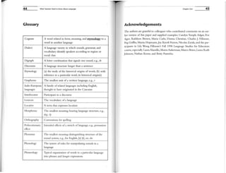 44 INhat Teachers Need to Know About language
Glossary
Cognate A word related in form, meaning, and etymology to a
word in another language
Dialect A language variety in which sounds, grammar, and
vocabulary identifY speakers according to region or
social class
Digraph A letter combination that signals one sound, e.g., th
D iscourse A language structure longer than a sentence
Etymology (a) the study of the hisrorical origins of words; (b) with
reference to a particular word, its historical origin(s)
Grapheme The smallest unit of a written language, e.g., t
Indo-European A family of related languages including English,
languages thought to have originated in the Caucasus
Interlocutor Participant in a discourse
Lexicon T he vocabulary of a language
Locative A ternl mat expresses location
Morpheme The smallest meaning-bearing language structure, e.g.,
dog, -Iy
O rthography Conventions for spelling
Perlocutionary Intended effects of a stretch oflanguage, e.g., persuasion
effect
Phoneme T he smallest meaning-distinguishing structure of the
sound system, e.g., for English, [sl [51, see, she
Phonology The system of rules for manipulating sounds in a
language
Phraseology Typical orgallization of words in a particular language
into phrases and longer expressions
Chapter One 45
Acknowledgements
The authors are grateful to coUeagues who contributed comments on an ear-
lier version of tlils paper and supplied examples: Carolyn Temple Adger, Eve
Agee, Kathleen Brown, Maria Carlo, Donna Christian, Charles J. Fillmore,
Peg Griffin, Matita HopmalUl,Joy Kreen Peyton, Nicolas Zavala, and the par-
ticipants in Lily Wong Fillmore's Fall 1998 Language Studies for Educators
course, especiaUy Laura Alamillo, Maren Aukerman, Marco Bravo, Laura R uth
Johnson, Nathan Keene, and Betty Paznillio.
 