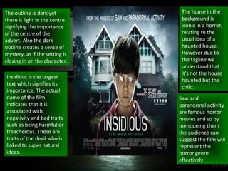 The outline is dark yet          The house in the
there is light in the centre     background is
signifying the importance        iconic in a horror,
of the centre of the             relating to the
advert. Also the dark            usual idea of a
outline creates a sense of       haunted house.
mystery, as if the setting is    However due to
closing in on the character.     the tagline we
                                 understand that
                                 it’s not the house
Insidious is the largest
                                 haunted but the
text which signifies its
                                 child.
importance. The actual
name of the film                Saw and
indicates that it is            paranormal activity
associated with                 are famous horror
negativity and bad traits       movies and so by
such as being harmful or        mentioning them
treacherous. These are          the audience can
traits of the devil who is      suggest the film will
linked to super natural         represent the
ideas.                          horror genre
                                effectively.
 
