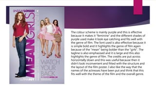 The colour scheme is mainly purple and this is effective
because it makes it “feminine” and the different shades of
purple used make it look eye catching and fits well with
the genre of film. The font used is also effective because it
is simple bold and it highlights the genre of film again
because of the “mean” being bolder than the “girls”. The
tagline is also emphasised and it is large and this also
highlights the genre of film. The credits are put across
horizontally down and this was useful because then it
didn’t look inconvenient and fitted with the structure and
the layout of the film poster. I also like the way that the
names of the actresses have been put and think that this
fits well with the theme of the film and the overall genre.
 