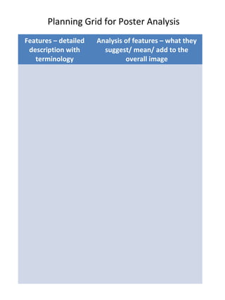 Planning Grid for Poster Analysis
Features – detailed   Analysis of features – what they
 description with       suggest/ mean/ add to the
   terminology                 overall image
 