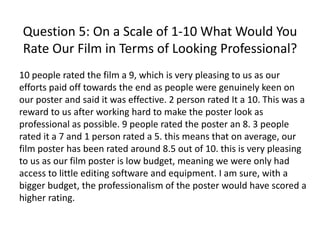 Question 5: On a Scale of 1-10 What Would You
Rate Our Film in Terms of Looking Professional?
10 people rated the film a 9, which is very pleasing to us as our
efforts paid off towards the end as people were genuinely keen on
our poster and said it was effective. 2 person rated It a 10. This was a
reward to us after working hard to make the poster look as
professional as possible. 9 people rated the poster an 8. 3 people
rated it a 7 and 1 person rated a 5. this means that on average, our
film poster has been rated around 8.5 out of 10. this is very pleasing
to us as our film poster is low budget, meaning we were only had
access to little editing software and equipment. I am sure, with a
bigger budget, the professionalism of the poster would have scored a
higher rating.
 