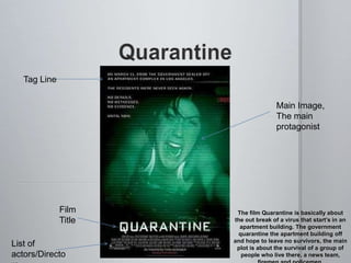 Tag Line

                                      Main Image,
                                      The main
                                      protagonist




              Film     The film Quarantine is basically about
              Title   the out break of a virus that start’s in an
                        apartment building. The government
                       quarantine the apartment building off
                      and hope to leave no survivors, the main
List of                plot is about the survival of a group of
actors/Directo          people who live there, a news team,
 