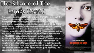 This poster is extremely recognisable and is quite unique. For example the
size ratio appears different than an average poster, it is quite longer
making the poster look elongated. The main focus in this image is the
moth that has a skull shape on its back. The moth is placed on top of this
person’s mouth. Moths have similar symbolisms as butterflies. The moth
symbolizes determination, attraction, psychic abilities, and faith.
However, since this one has a skull on it’s back, it doesn’t seem as positive
as it sounds. The person in the portrait has a similar facial expression to
the “Bug (2006)” poster making the viewers feel disconnected.
Additionally, the whole photograph looks grainy as if it’s a pencil painting,
not an image. The colour palette is simple, orange and blue which are
complimentary colours, the blue makes the moth, eyes and the main title
pop out of the poster, being more interesting overall. I’ve noticed that the
title is written without any capital letters, which is quite interesting. The
poster isn’t using any capital letters.
 