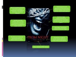 Facial expression and placement of tiara shows the character being in some sort of distress  reinforcing the genre.Blue tint signalling that this is of a horror genre, it emphasises vulnerability of characters. Simple but effectiveNo link to major actors, however the conventional use of having a female victim fits well with its genre.Just like many film posters, there is a close up, elements of mis-en-scene have connotations to target audienceDark edges, centring the viewer to the main imageThe titles are in blood red carrying the theme of death, stands out clearlyThe tag line is a play of words, usually used by its target audience (teenagers)Clear indication of film release