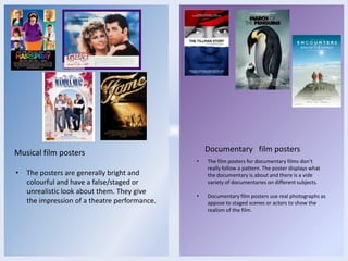 Documentary film posters

Musical film posters
•

•

The posters are generally bright and
colourful and have a false/staged or
unrealistic look about them. They give
the impression of a theatre performance.

The film posters for documentary films don’t
really follow a pattern. The poster displays what
the documentary is about and there is a vide
variety of documentaries on different subjects.

•

Documentary film posters use real photographs as
appose to staged scenes or actors to show the
realism of the film.

 