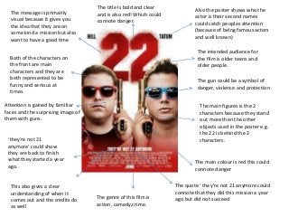 Both of the characters on
the front are main
characters and they are
both represented to be
funny and serious at
times.
The main colour is red this could
connote danger
The gun could be a symbol of
danger, violence and protection
The main figures is the 2
characters because they stand
out more then the other
objects used in the poster e.g.
the 22 is behind the 2
characters.
The message is primarily
visual because it gives you
the idea that they are on
some kind a mission but also
want to have a good time
The intended audience for
the film is older teens and
older people.
The genre of this film is
action, camedy,crime.
Attention is gained by familiar
faces and the surprising image of
them with guns.
The quote ‘ they’re not 21 anymore could
connote that they did this mission a year
ago but did not succeed
This also gives a clear
understanding of when it
comes out and the credits do
as well
Also the poster shows who the
actor is their second names
could catch peoples attention
(because of being famous actors
and well known)
‘they’re not 21
anymore’ could show
they are back to finish
what they started a year
ago.
The title Is bold and clear
and is also red! Which could
connote danger.
 