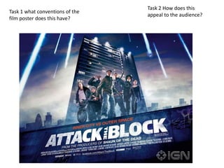 Task 2 How does this appeal to the audience? Task 1 what conventions of the film poster does this have? 