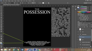 NEXT, I INCLUDED THE
CREDITS OF CONTRIBUTERS
TO THE BOTTOM OF THE
POSTER. IT HAS BEEN
PLACED THERE AS IT
CONFORMS TO OTHER
CONVENTIONS OF GENERAL
MOVIE POSTERS AND GIVES
SIGNIFICANCE TO THE MAIN
IMAGE, WHICH WILL BE
PLACED IN THE CENTRE. THE
FONT SIZE WILL BE SMALLER
THAN ALL OTHER CONTENTS
THAT WILL APPEAR ON THE
POSTER AS THIS HAS LESS
SIGNIFICANCE. PEOPLE
GENERALLY DO NOT
CHOOSE TO WATCH A MOVIE
BASED ON THESE CREDITS.
THIS ALSO HAS CENTRE
ALIGNMENT TO LOOK
PROFESSIONAL AS IT WILL
LOOK SIMILAR TO THE TITLE.
 