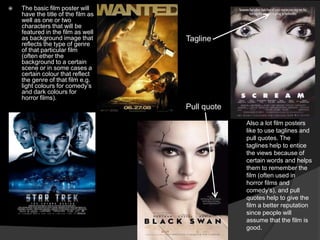    The basic film poster will
    have the title of the film as
    well as one or two
    characters that will be
    featured in the film as well
    as background image that        Tagline
    reflects the type of genre
    of that particular film
    (often ether the
    background to a certain
    scene or in some cases a
    certain colour that reflect
    the genre of that film e.g.
    light colours for comedy‟s
    and dark colours for
    horror films).
                                    Pull quote
                                                 Also a lot film posters
                                                 like to use taglines and
                                                 pull quotes. The
                                                 taglines help to entice
                                                 the views because of
                                                 certain words and helps
                                                 them to remember the
                                                 film (often used in
                                                 horror films and
                                                 comedy‟s), and pull
                                                 quotes help to give the
                                                 film a better reputation
                                                 since people will
                                                 assume that the film is
                                                 good.
 