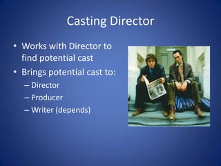 Casting DirectorWorks with Director to find potential castBrings potential cast to:DirectorProducerWriter (depends)