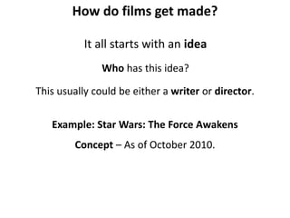 How do films get made?
It all starts with an idea
Who has this idea?
This usually could be either a writer or director.
Example: Star Wars: The Force Awakens
Concept – As of October 2010.
 