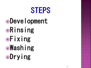 Development
Rinsing
Fixing
Washing
Drying
12
 