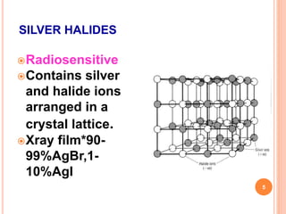 SILVER HALIDES
Radiosensitive
Contains silver
and halide ions
arranged in a
crystal lattice.
Xray film*90-
99%AgBr,1-
10%AgI
5
 