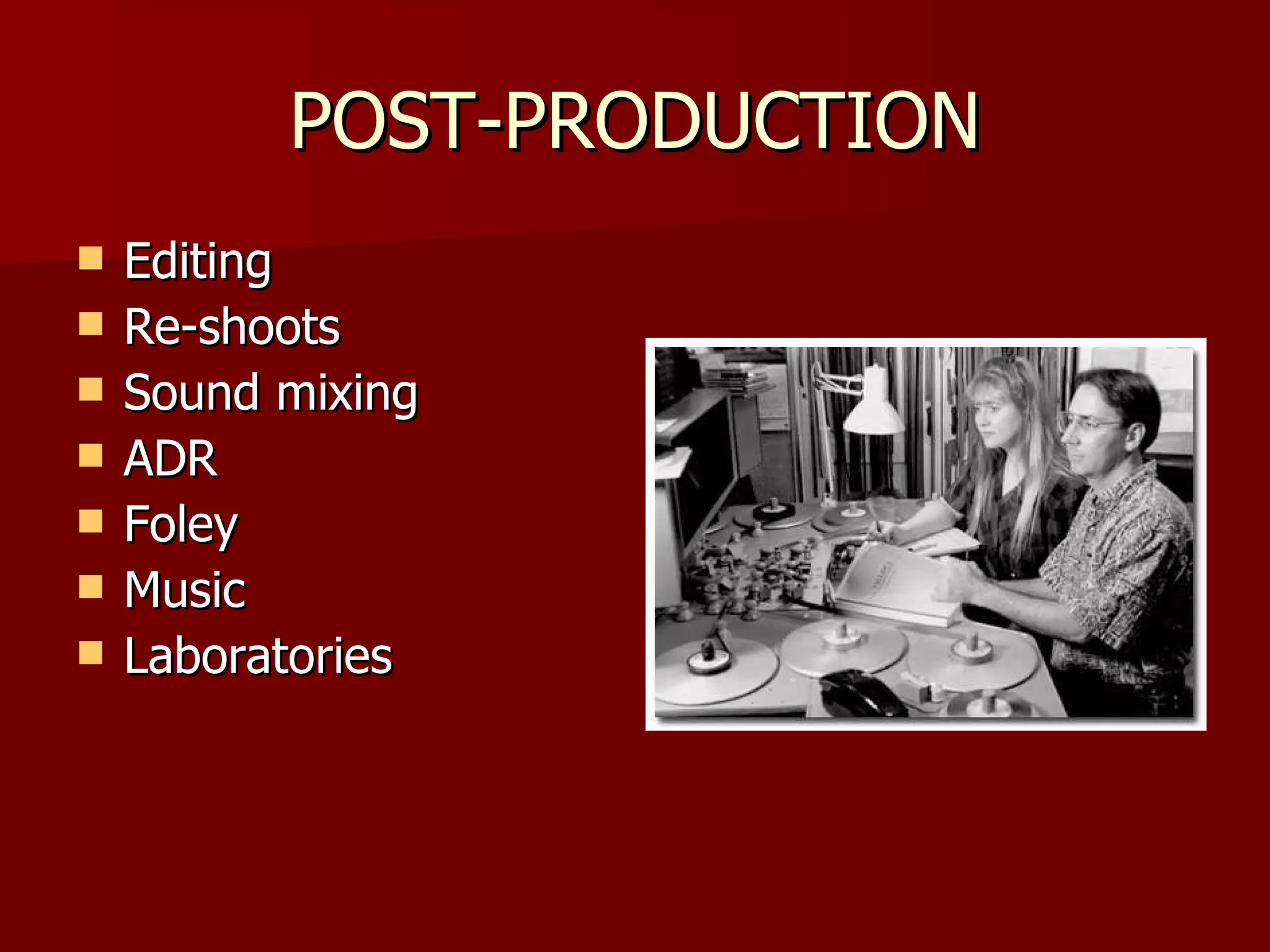 POST-PRODUCTION Editing Re-shoots Sound mixing ADR Foley Music Laboratories 