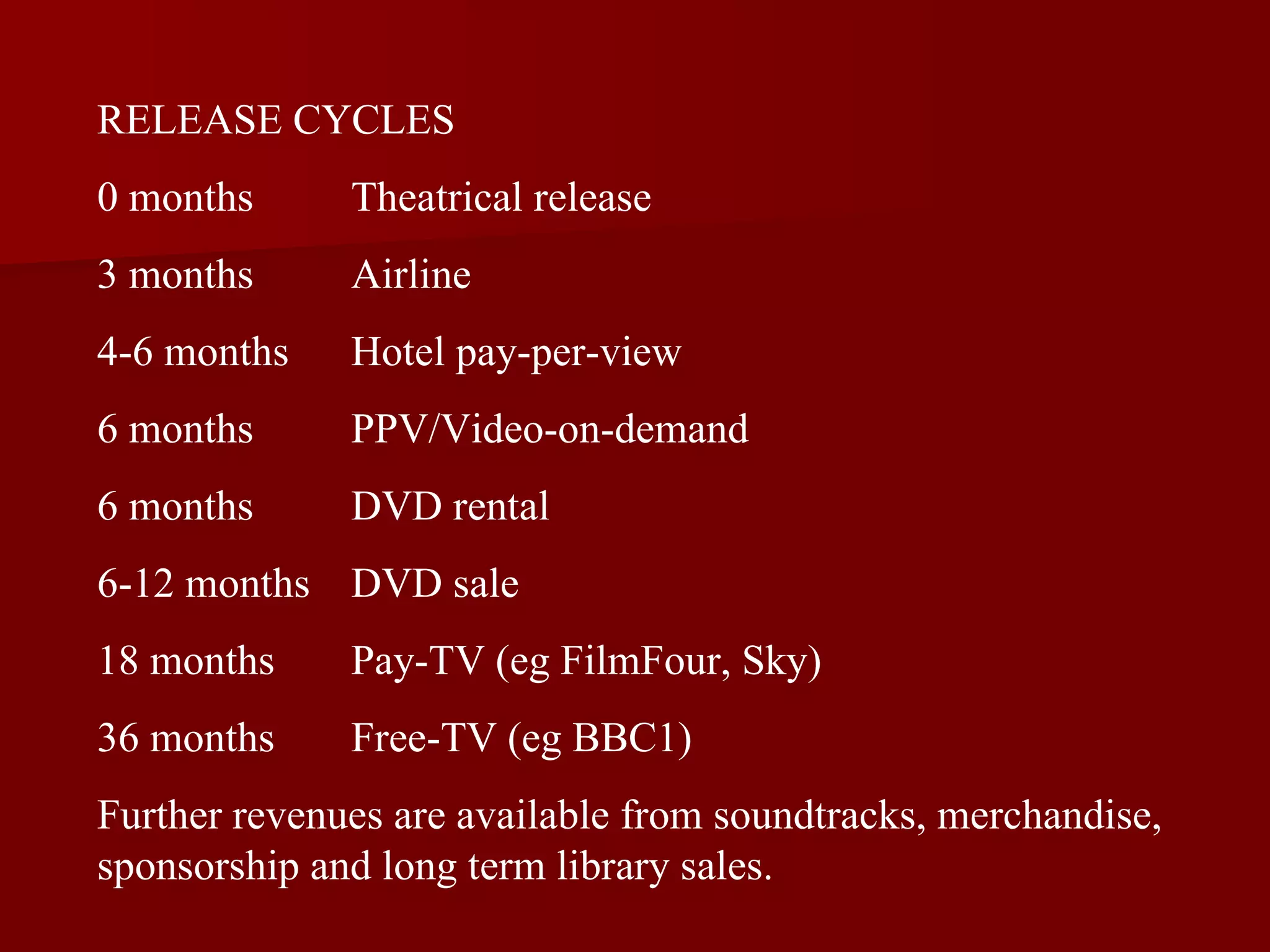 RELEASE CYCLES 0 months Theatrical release 3 months Airline 4-6 months Hotel pay-per-view 6 months PPV/Video-on-demand 6 months DVD rental 6-12 months DVD sale 18 months Pay-TV (eg FilmFour, Sky) 36 months Free-TV (eg BBC1) Further revenues are available from soundtracks, merchandise, sponsorship and long term library sales. 
