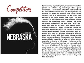 Before starting my ancillary task, I researched many film
posters to enhance my knowledge about genre
conventions. I came across a few that really stood out
for me due to their minimalistic yet striking nature. For
example; the poster for Nebraska cited above is quite
simplistic yet it is melodramatic at the same time
because of its colour scheme and layout. The film
“Nebraska” is initially a dramatic work and this is evident
through the contrasting colour scheme. The black
background foregrounds the film title “NEBRASKA”
which has been set in white, bold, capital letters.
Through my research I found that certain colours are
associated with certain genres. For example; a romantic
comedy would generally feature light colours such as;
yellow, pink, blue etc. whereas, a drama or a horror
would tend to stick with dull, dreary colours such as
black, grey etc. and as my film contains some dramatic
aspects, I had a vague idea of what my colour scheme
was going to involve at this stage. Furthermore, the
“NEBRASKA” poster has been laid out very neatly and
the mode of address of the poster is formal, which
would appeal to a more mature audience rather than the
youth. However, the poster gives little insight into what
the film actually involves and is very blunt. Nonetheless,
this could entice the on-lookers and might attract their
curiosity, they are given an outline of a man they must
fill in themselves.
 